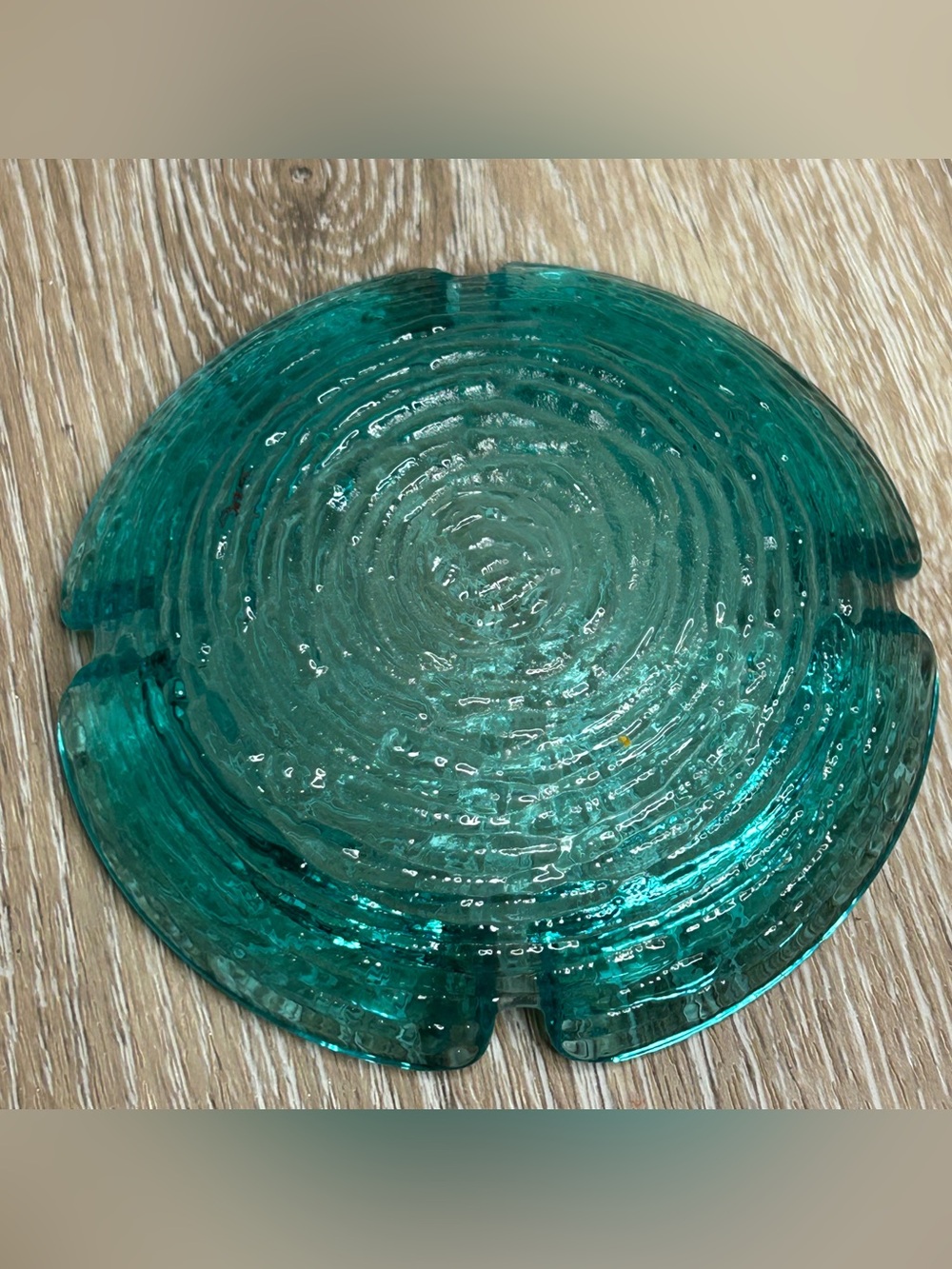 Vintage MCM Teal Aqua Heavy Glass Ashtray Catchall Trinket Dish Ripple Bark 4.5” - Picture 7 of 9
